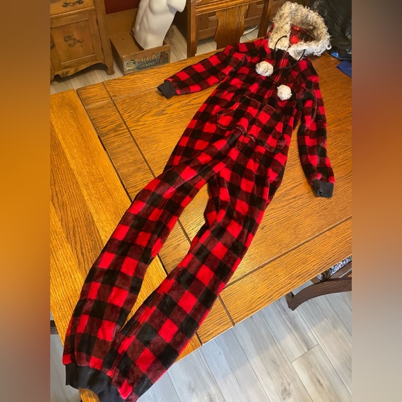 Secret Treasures Other - Secret Treasures Red and Black Buffalo Plaid Fleece Onesie with Faux Fur Hood
